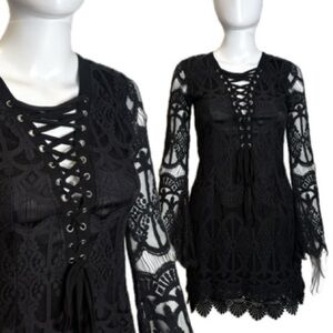 Glamourous Black Lace Up All Over Lacey Dress Size XS Long Bell Sleeve Mini Sexy